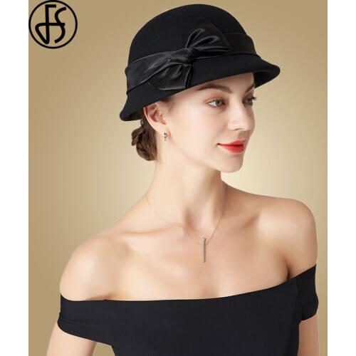 FS Wool Fedoras Hat Berets French Black Fascinator Hats For Women Fedora Elegant Top Bowknot Winter Red Camel Church Felt Caps