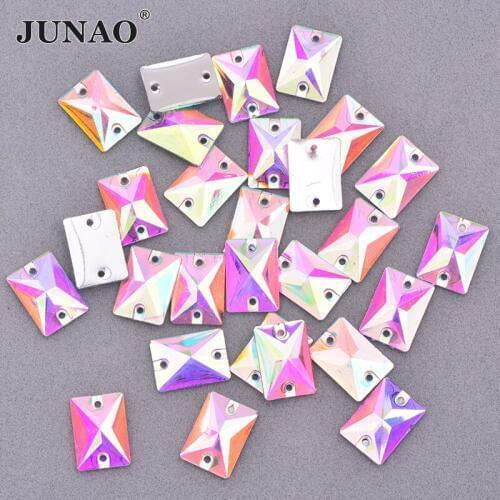 JUNAO 50pcs 10x14mm Sewing Crystal AB Rectangle Rhinestone Flatback Resin Crystal Applique Sewn Strass Stones for Clothes Crafts