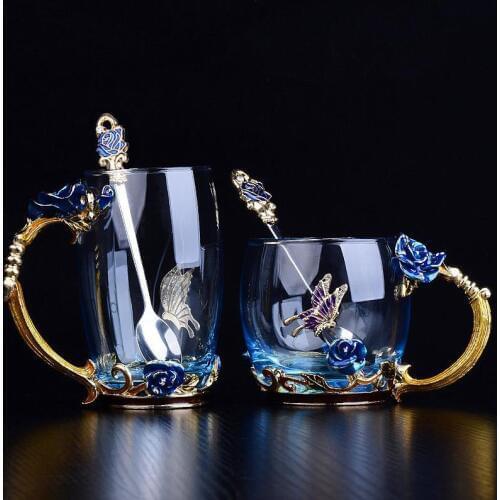 Creative Enamel Coffee Cup Mug Flower Tea Glass Cups for Hot and Cold Drinks Tea Cup Spoon Set Perfect Wedding Gift