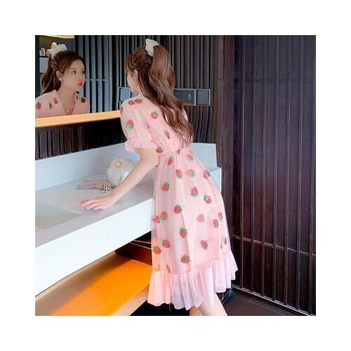 2021 Summer Sweet Pink Strawberry Dress Mesh Ruffle Cartoon Vestido Midi Robe Femme Sequin Dresses Sexy Clothes