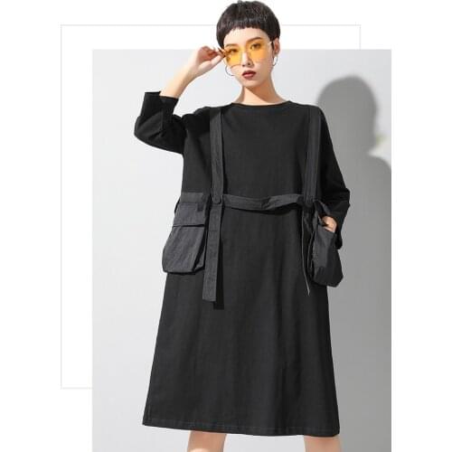 Dark black niche summer personalized large pocket shoulder strap fashion dress street fashion brand 7 / 4 sleeve loose skirt