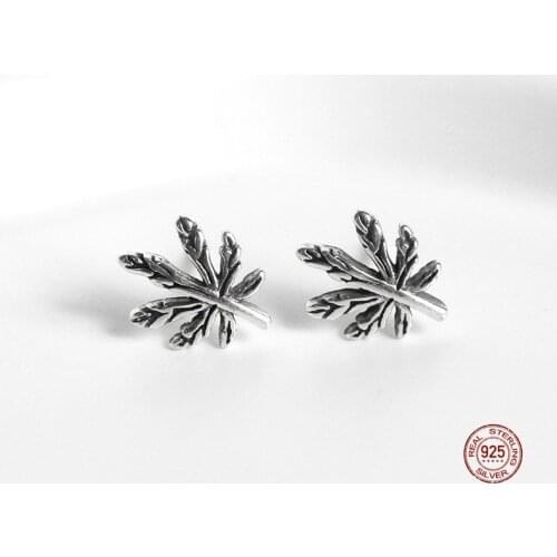 LKO Retro Maple Leaves Stud Earrings S925 Sterling Silver High Quality Simplicity Stud Earrings For Women Fashion Jewelry