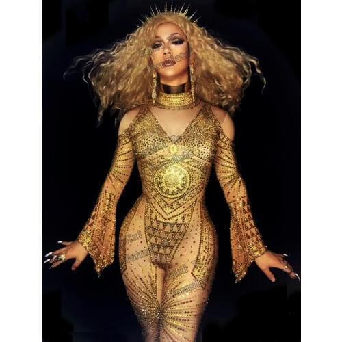 Fashionable gold artificial diamond nude body sexy body full crystal stage costume party singer dancer suit