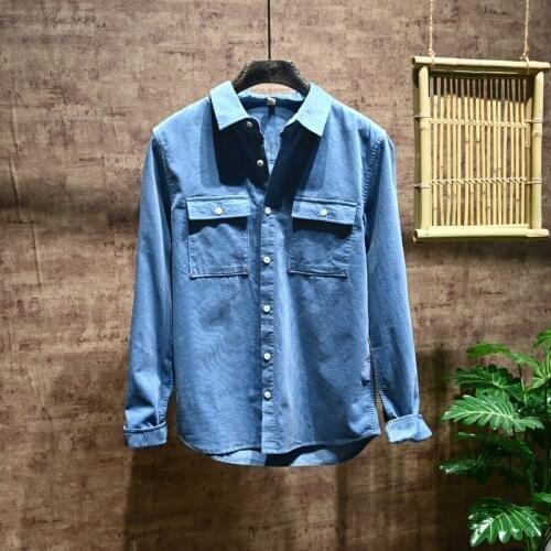 Mens Casual Slim Fit Stylish Wash Denim Long Sleeves Jeans Shirts Smart Casual Fashion Men Clothes