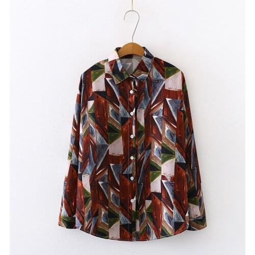 New Women Geometric Printed Chiffon Blouses Spring Autumn Long Sleeved Color Block Vintage Shirt Loose Tops Feminina Blusas 2021