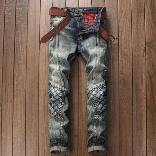 Original Design New Vintage Blue Mosaic Fashion Trendsetters Ripped Straight Leg Jeans Nightclub Mens Pants Motorcycle Trousers