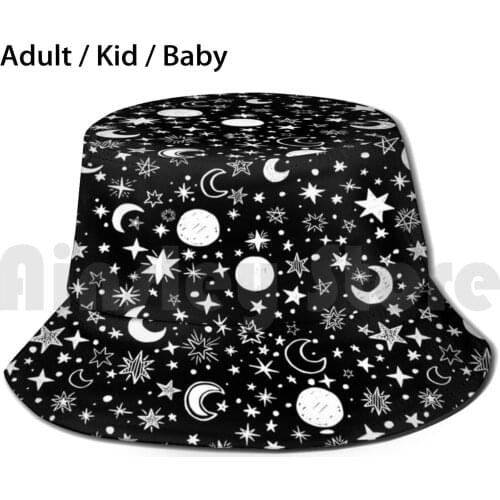 Moon And Stars On Dark Sky Bucket Hat Adult kid baby Beach Sun Hats Sky Dark Space Stars Night Universe Blue Galaxy