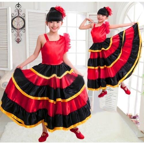 Flamenco Dress Spanish Traditional Flamenco Skirt Gypsy Style Princess Girls Belly Dance Costumes Plus Size Swing Skirt Dress