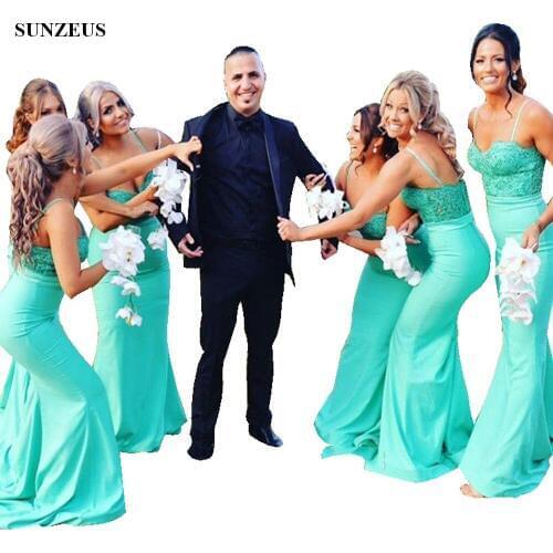 Sheath Sweetheart Spaghetti Straps Turquoise Green Bridesmaid Dresses With Lace Bodice Long Wedding Party Gowns BDS020