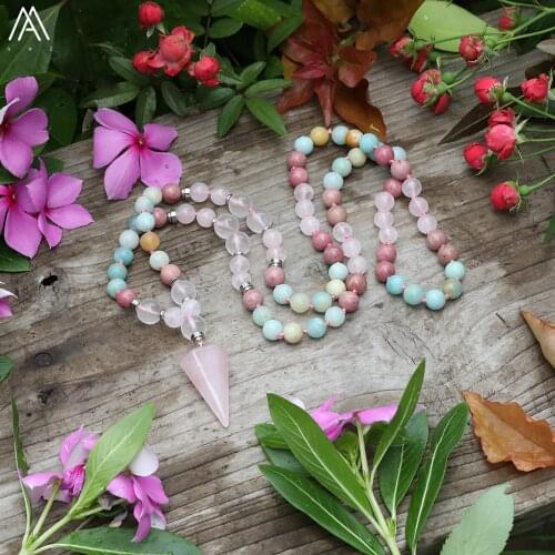 Natural Roses Quartz Healing Point Pendant 8mm Amazonite Rhodonite Beads Knotted Handmade Necklace Mala Jewelry 32 Inch Long