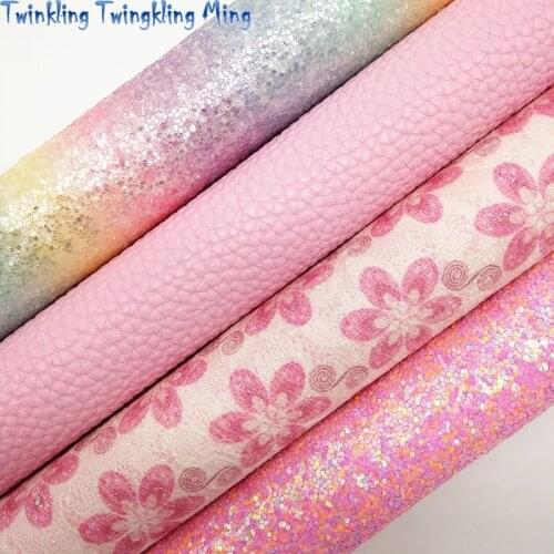 PINK Rainbow Glitter Leather, Flowerss Printed Synthetic Leather Faux Fabric For Bow A4 21x29CM Twinkling Ming KM034