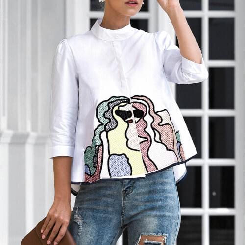 SALE Abstract Embroidery Shirt Tops Women Summer Autumn Fashion 3/4 Sleeve Casual Blouses Ladies White Doll Shirts Droshipping