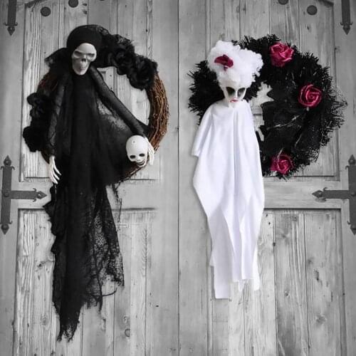 Halloween Scary Black White Skull Rose Hanging Wreath Horror Skeleton Ghost Garland Decorative Props For Haunted House Party