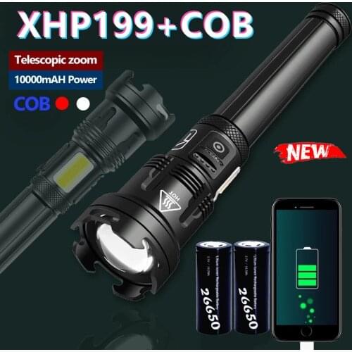 Ultra Bright XHP199 LED Flashlight with COB Side Light 10000mAH USB Rechargeable LED Tactical Flashlight Zoomable & Waterproof