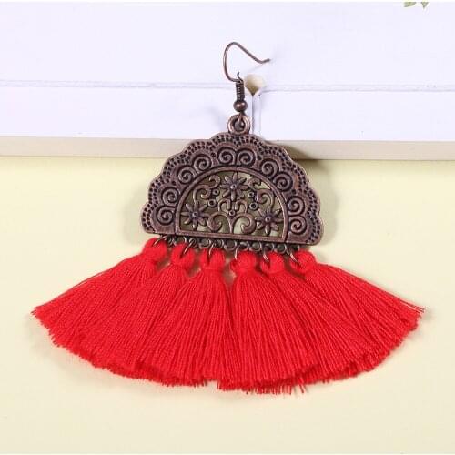 HC Vintage Flower Carved Long Cotton Rope Fringed Earrings Women Fashion Earrings Bohemian Tassel Earrings Statement Jewelry W