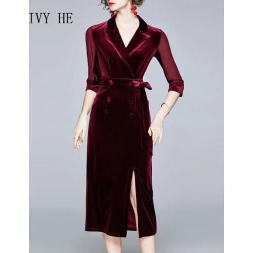 IVY HE High Quality Autumn Dress Woman Clothing Elegant Wine Red Velvet Midi Long Dress Holiday Vintage Party Dresses Traf ZAfu