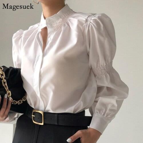 Korean Chic White Womens Shirt Autumn 2021 Ruffles Stand Long Sleeve Woman Blouses Vintage Puff Sleeve Tops Blusas Mujer 16653