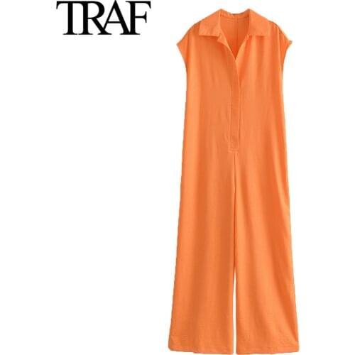 Traf Za Women Fashion Orange Sleeveless Loose Jumpsuits Summer Wide Leg Pants Female One Piece Jumpsuit Mujer