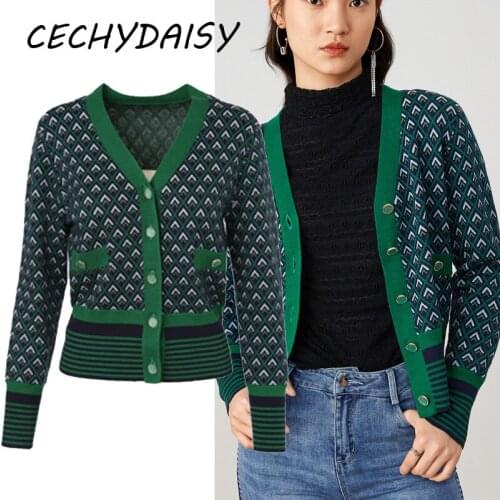 2021 Autumn Winter Sweater Cardigans Women Single Breasted Long Sleeve Vintage Argyle Casual Green Knitted Tops Outwear Clothing