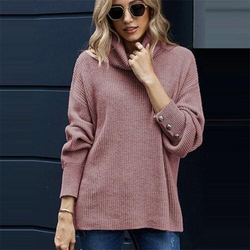 Womens autumn warm knitted pullovers solid turtle neck sweaters long sleeved lantern sleeved loose casual winter inner basic