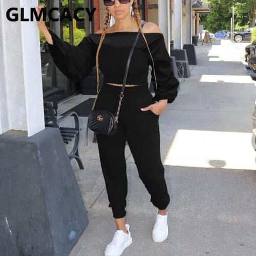 Women Two Piece Track Suits Long Sleeve Slash Neck Crop Top & Slim Pants Set
