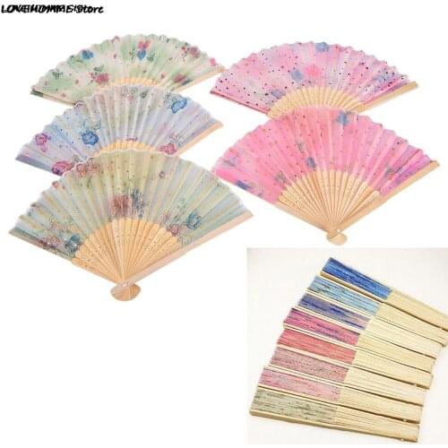 1PC Retro Chinese Japanese Silk Bamboo Folding Fan Home Decoration Ornaments Floral Painting Hand Held Fans Dance Party