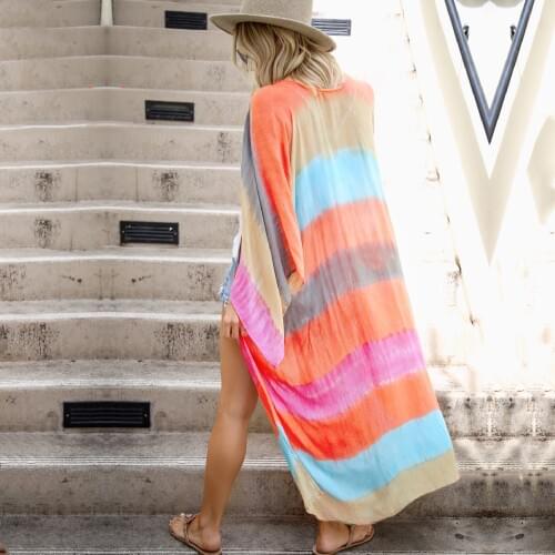 2021 Boho Multicolor Striped Robes Bathing Suit Cover-ups Plus Size Beach Wear Kimono Dress Women Summer Swimsuit Cover Up A828