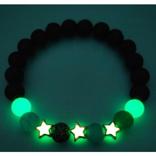 8mm Black Lava Beads and Shiny Stars Glow in the Dark Fashion Bracelets