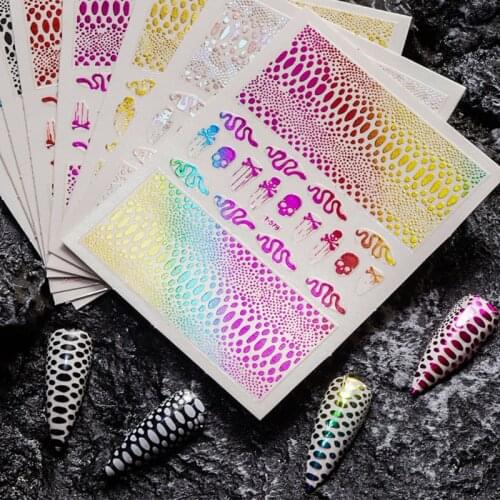 8Pcs/Lot Snake Skin Nail Sticker Designer Laser Glitter Skull Serpentine Holographic 3D Nail Art Decals Decorations