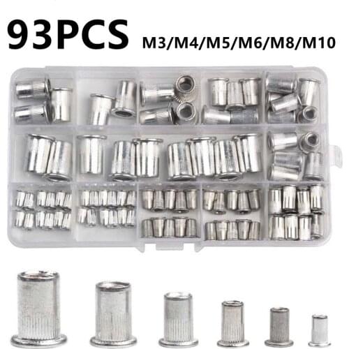 93PCS M3 M4 M5 M6 M8 M10 Stainless Steel Flat Head Blind Rivet Nuts Threaded Rivet Insert Nutsert Cap Rivet Nut Knurled Nuts