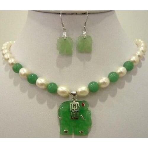 White pearl light green natural stone elephant pendant necklace earring set
