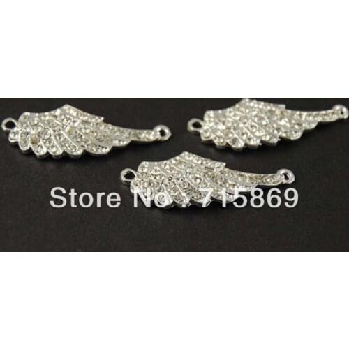 Free Shipping 100 pcs 40mm x16mm Silver Plated Rhinestone Angel Wing Charm Bracelet Connector