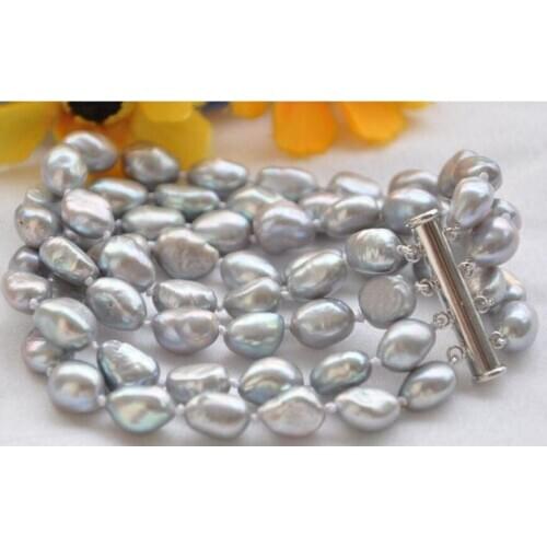 Free Shipping 4row 7.5" 9-11mm gray baroque freshwater cultured pearl bracelet