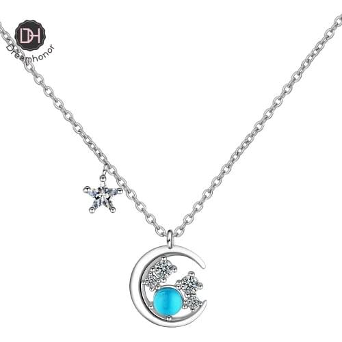Dreamhonor 2021 Fashion Blue Moon Zirconia Star Pandent 925 Sterling Silver Chain Necklaces Jewelry Accessory