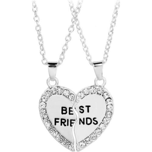Zinc Alloy Heart Shape Best Friends Charm Pendant Necklace With Clear Rhinestone one set xy313