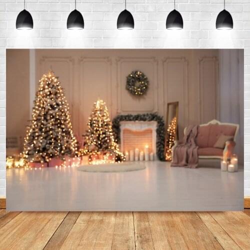 Laeacco Merry Christmas Tree Fireplace Candle Wreath Child Photography Background Chic Wall Sofa Floor Photocall Backdrop Poster