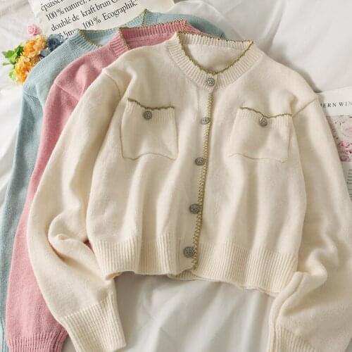 Retro Loose Pockets Cardigan Casual All Match 2021 Autumn Knitwear New Fashion Chic Loose Women Knitted Tops Sweaters Vintage