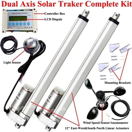Set of Solar Tracking Tracker 2*12" Linear Actuator Motor W/ LCD Controller W/ Anemometer Complete Dual Axis Sunlight Track Kits