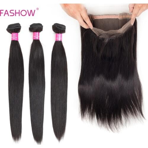 FASHOW Human Hair with Closure Peruvian Hair 3 Bundles With 360 Frontal Closure Pre Plucked Natural Hairline Fashion Hair Style