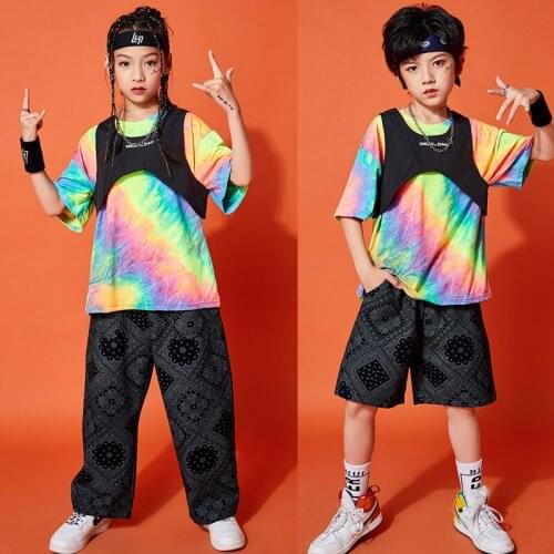 New 3-Pieces Set Kids Jazz Dance Costume For Girls Boys Rainbow Top Hiphop Pants Rave Outfit Festival Clothes Stage Wear XS2420