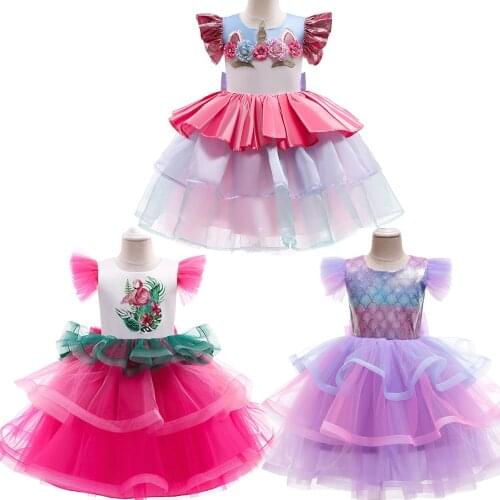 2021 Flamingo Mermaid Cosplay Costume Summer New Style Girl Cute Fairy Elegant Net Yarn Unicorn Catwalk Show Princess Dress