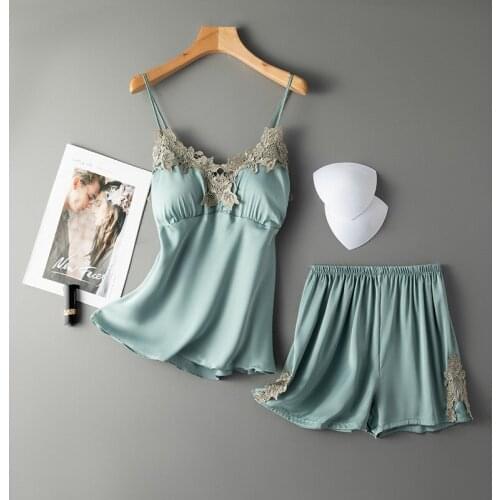 Women Green Strap Top&Shorts Lace Trim Pajamas Set Sexy V-neck Sleep Suit Summer Sleeveless Pijamas Suit Elastic Waist Home Wear
