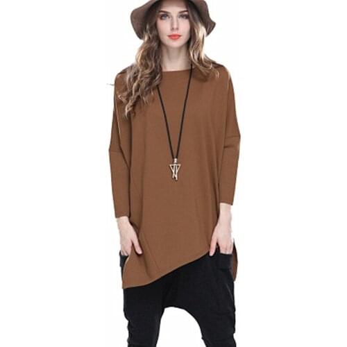 T-shirt Loose Bat Long-sleeved Wild Dase Large Size Shirt Asymmetrical Solid Color Fashion Trend Round Neck Woven