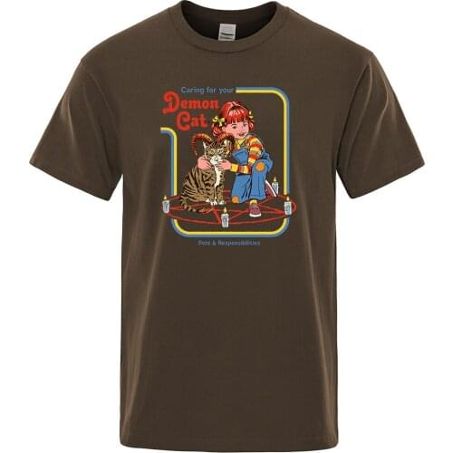 Caring For Your Demon Cat Printed Tshirt Men Comfortable Fit Summer T-Shirt Street Fashion Short Sleeve Retro Casual Man Tshirt