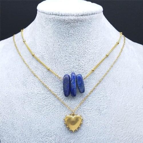 Heart Stainless Steel Natural Stone Chain Necklace Bohemia Blue Tendon Necklace Women Jewelry cadenas mujer NK47S04