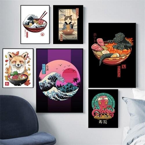 Japanese Ukiyoe Canvas Painting Ramen cat Art Poster and Painting Wall Art Painting for Living Room Izakaya Wall Picture Decor