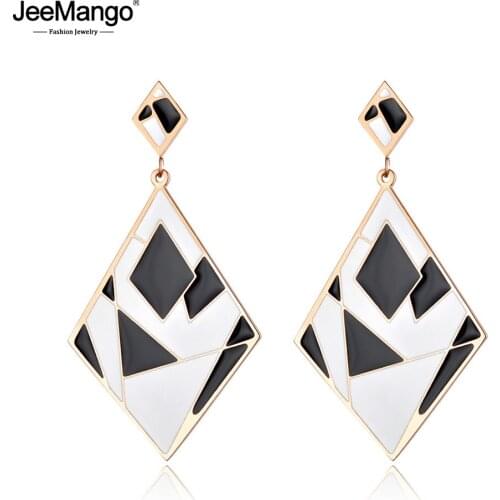 JeeMango OL Style Jewelry Big Rhombus Earrings Black/White Glaze Stitching Stainless Steel Rose Gold Hyperbole Earrings JE18096