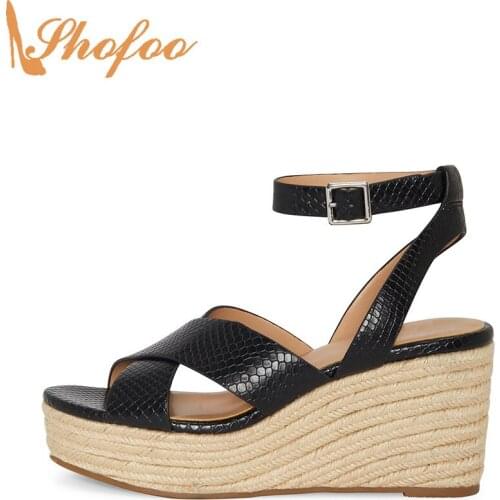Black Snake High Wedges Heels Espadrille Ankle Buckle Strap Platform Sandals Woman Ladies Shoes Casual Plus Size 12 15 Shofoo