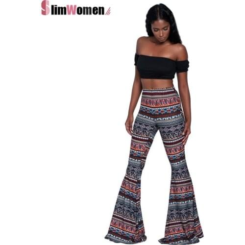 Women Skinny Beach Boho Floral Printed Flare Pants Casual Wide Leg Vintage Full Pants Ladies Boho Trousers Muslim Clothes XXL
