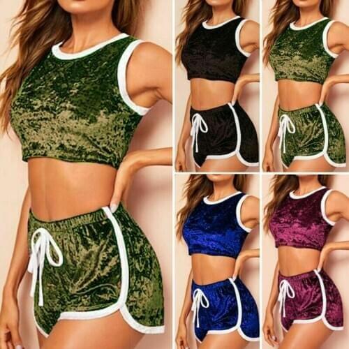 New Women Yoga Set Summer Sexy Velvet Ladies Home Exercise Set Sleeveless Gym Wear Solid Short Tops High Waist Fitness Sports